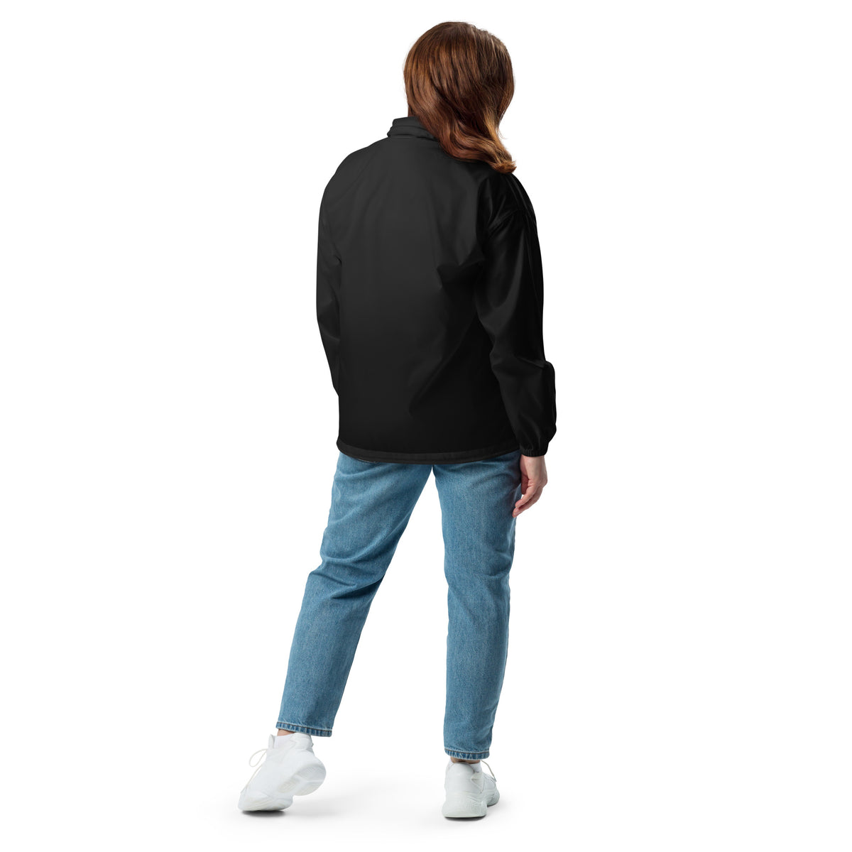 Black windbreaker jacket with hood, back view, full-length zip