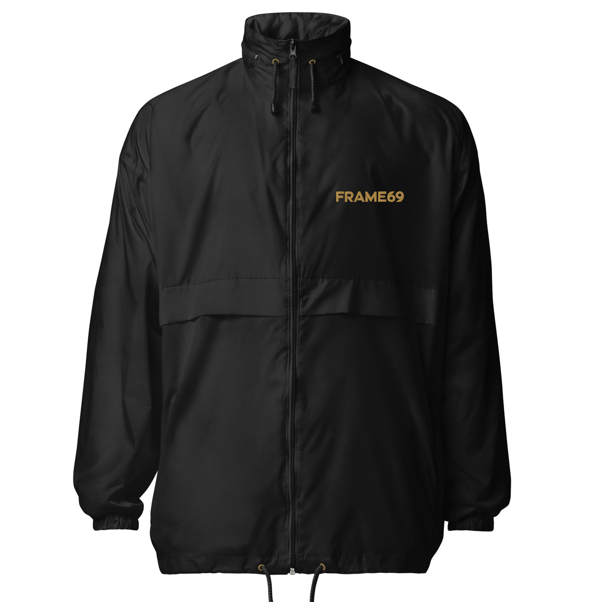 Black windbreaker jacket with hood drawstrings, full-zip front, and FRAME69 logo