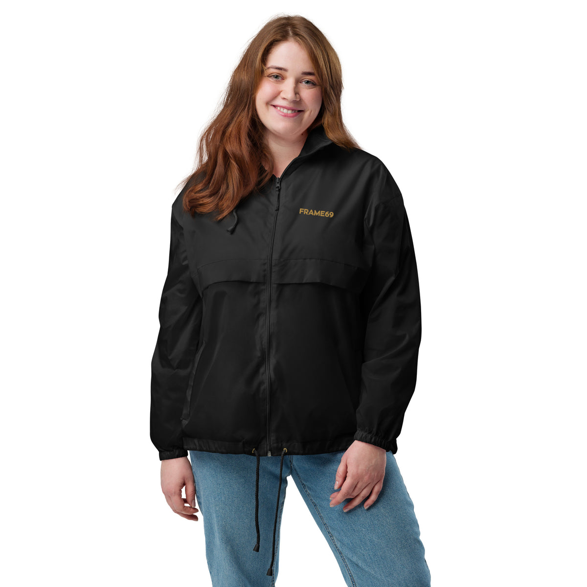 Black windbreaker jacket with stand collar, chest logo, and zip front
