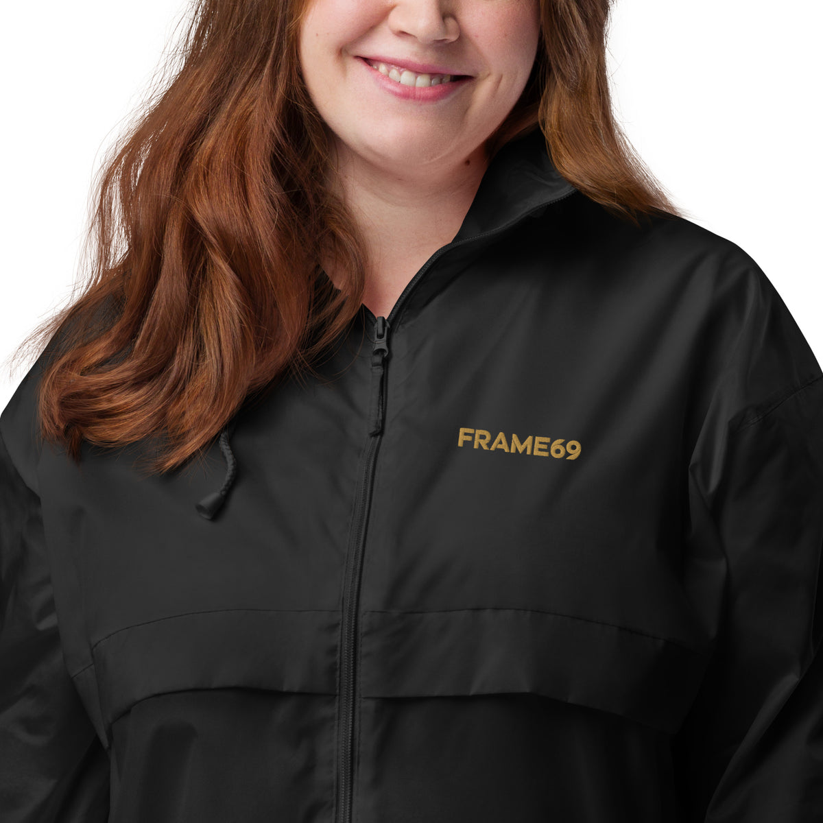 Black windbreaker jacket with FRAME69 logo on chest, front view