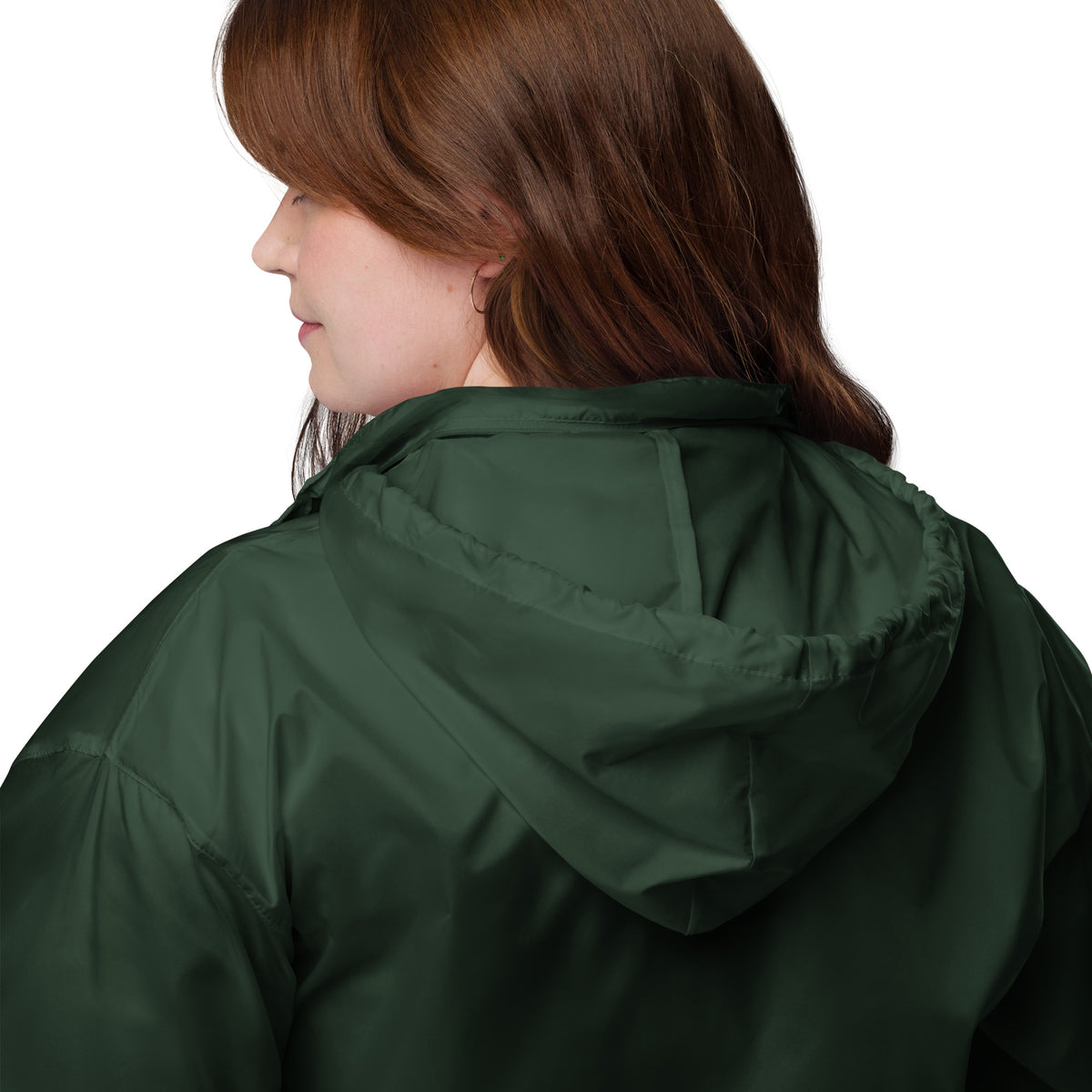 Forest green windbreaker jacket hood and back yoke detail