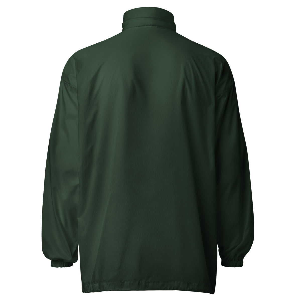 Forest green windbreaker jacket back view with hood and ribbed cuffs