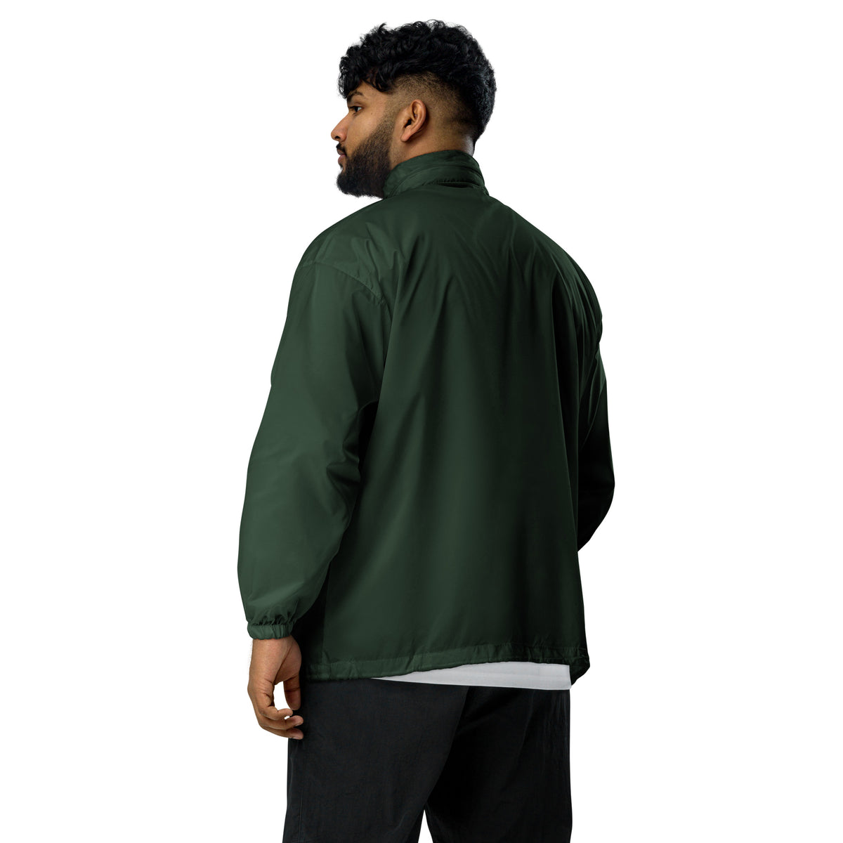 Forest green windbreaker jacket with stand collar and zip front, side view