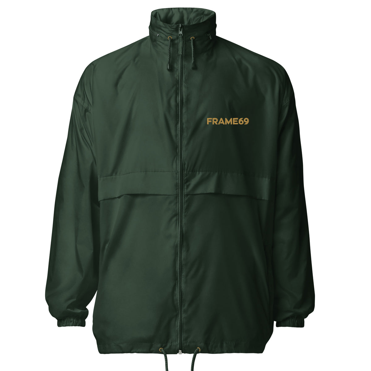 Forest green windbreaker jacket with hood drawstrings and FRAME69 logo on chest