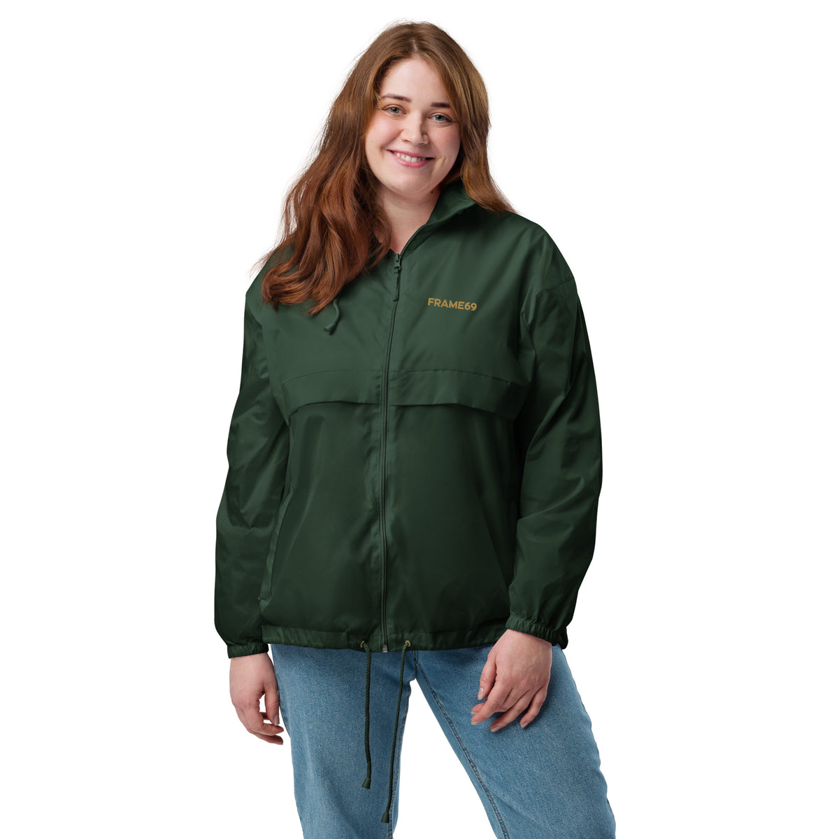 Forest green windbreaker jacket with stand collar and chest logo, zip front