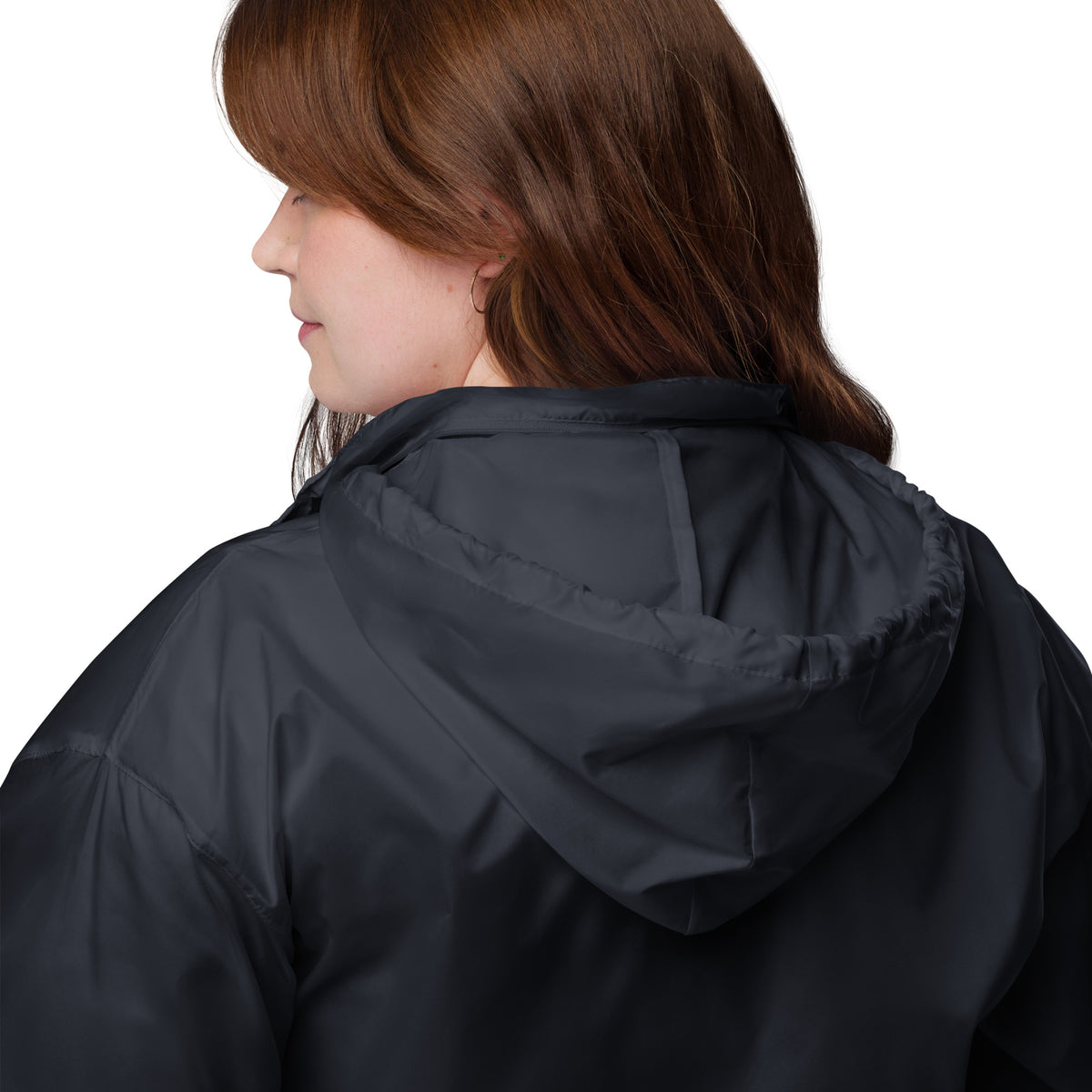 Navy windbreaker jacket hood and back yoke detail