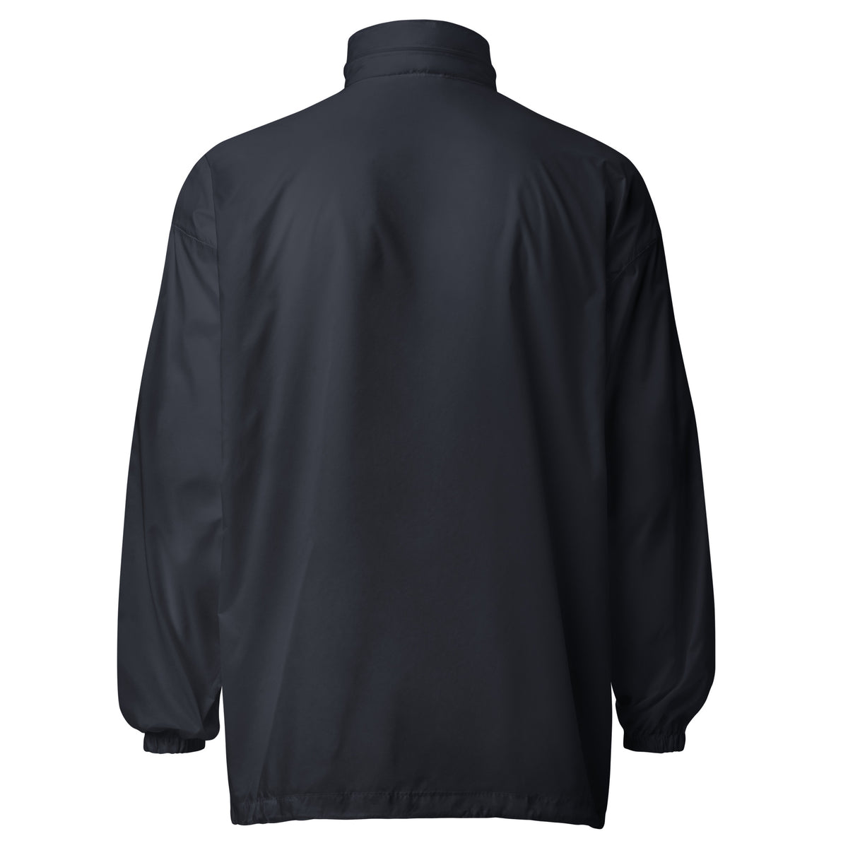 Dark windbreaker jacket back view with hood and ribbed cuffs
