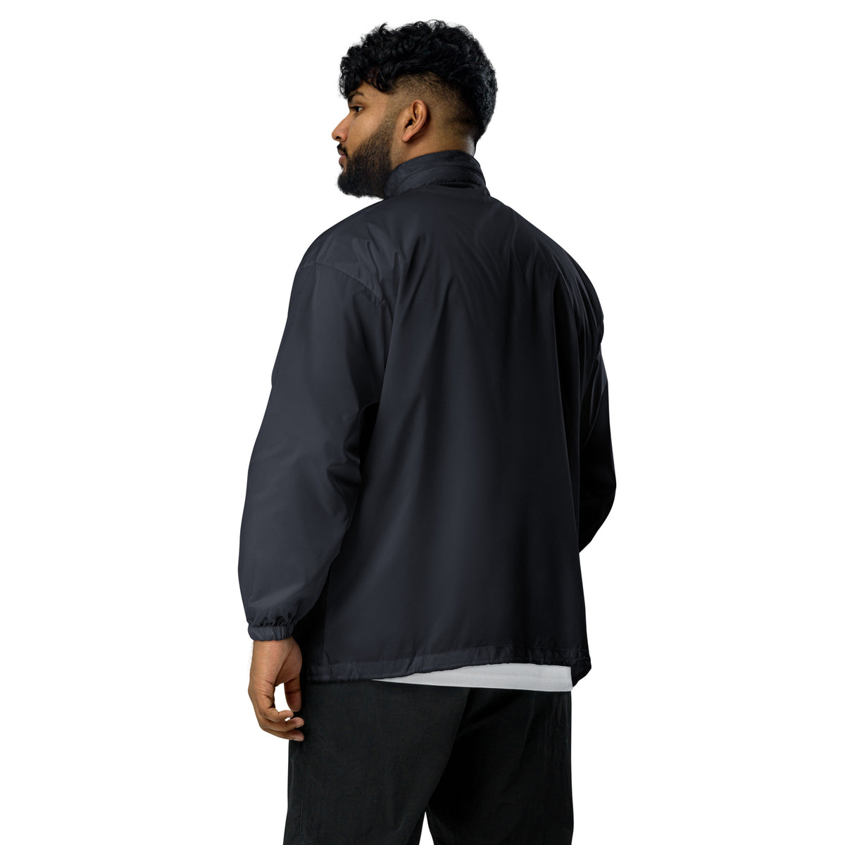 Navy windbreaker jacket with stand collar and zip front, side view