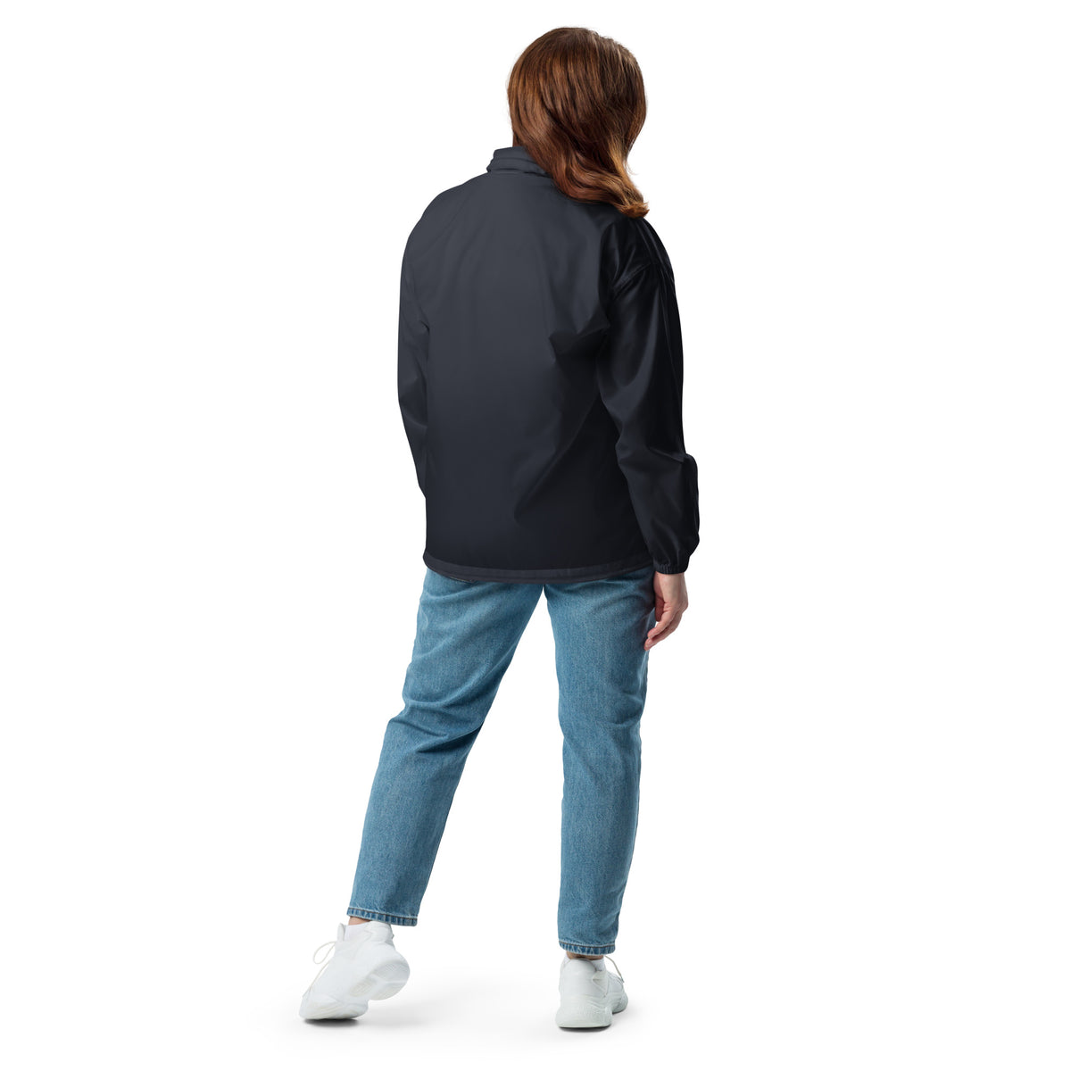 Black windbreaker jacket with full-zip front and stand collar, back view