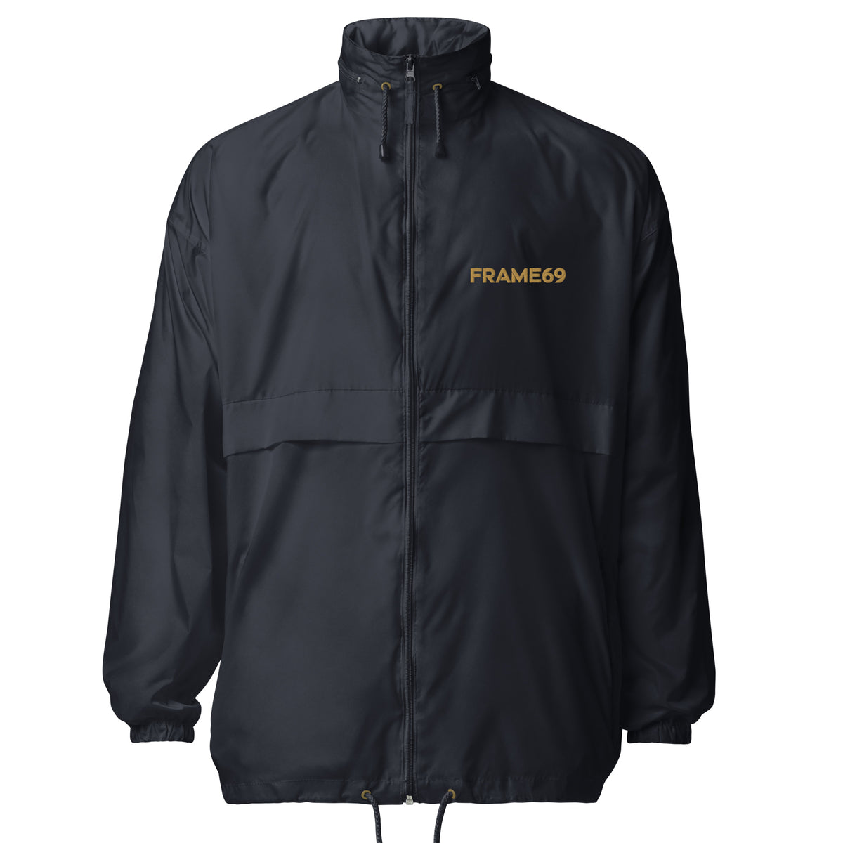 Black windbreaker jacket front view with center zipper and FRAME69 logo on chest