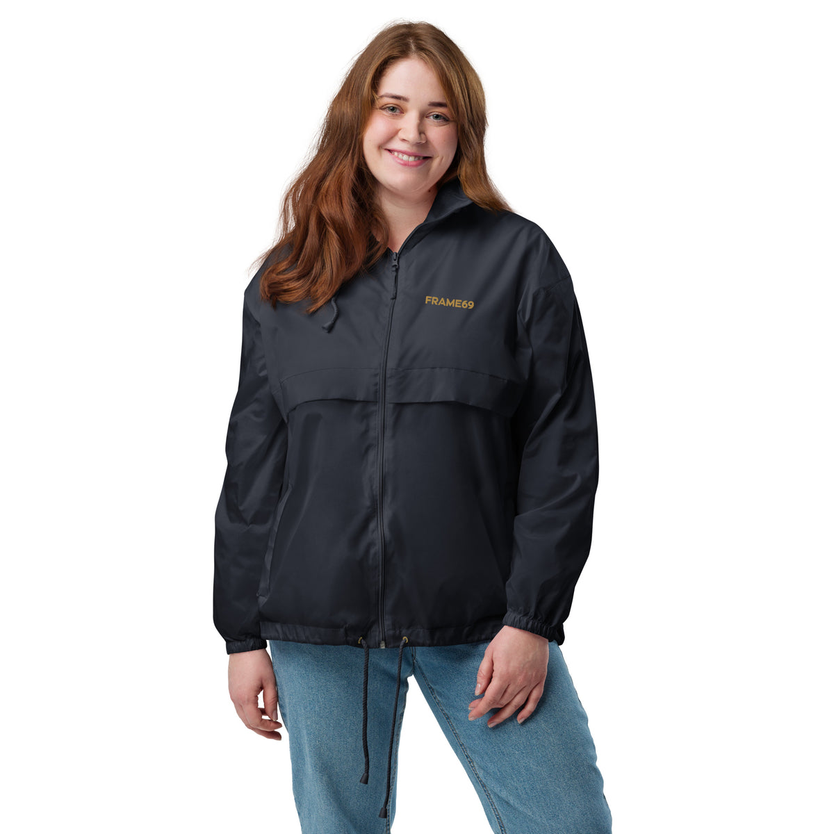 Navy windbreaker jacket with stand collar and chest logo, zip front