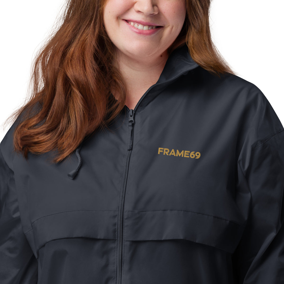 Black windbreaker jacket with FRAME69 logo on chest, zip front