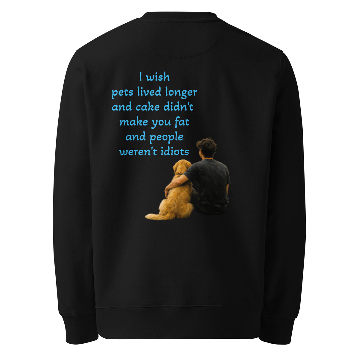 Black structured cotton sweatshirt, back graphic quote with dog and cake theme