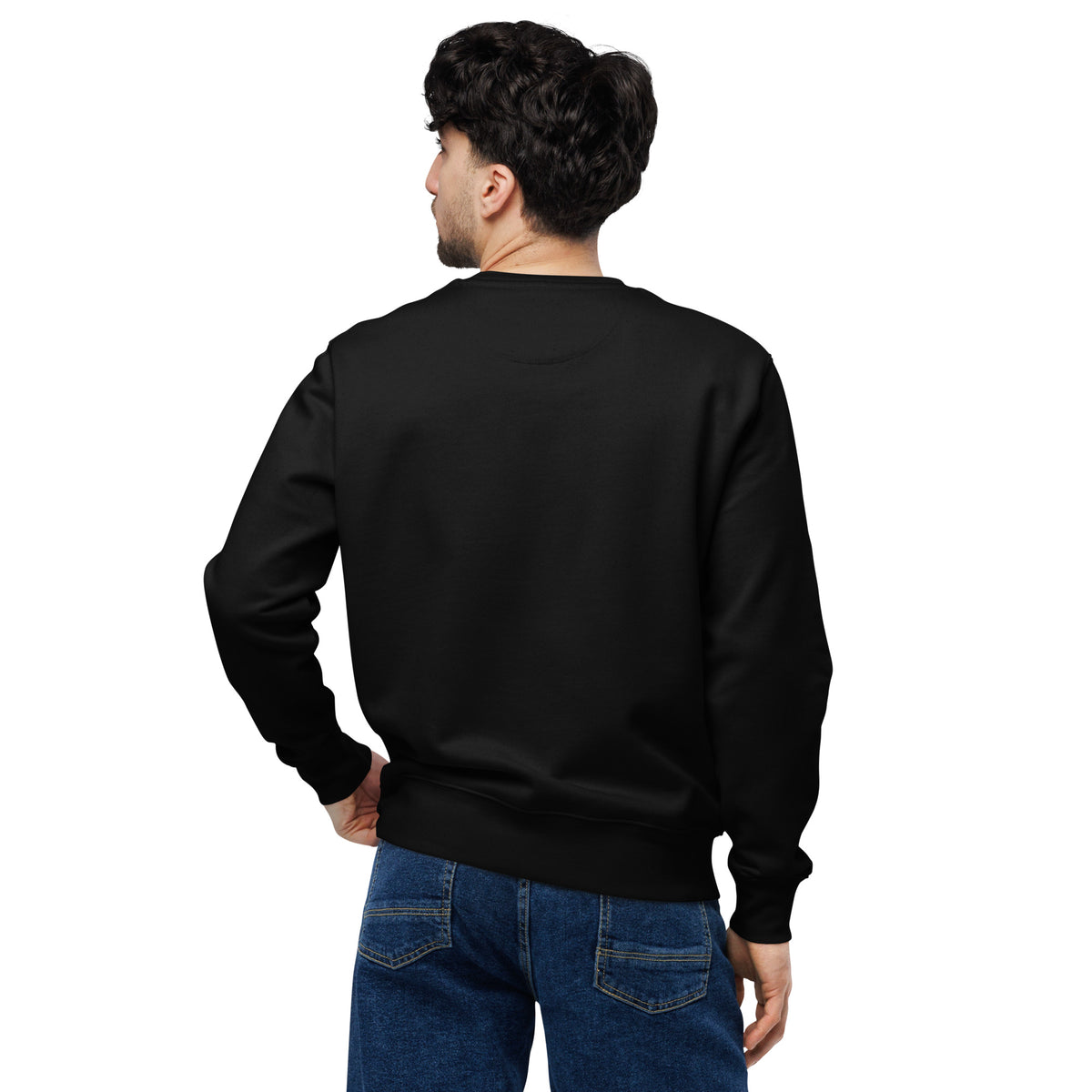 Black crewneck sweatshirt, back view