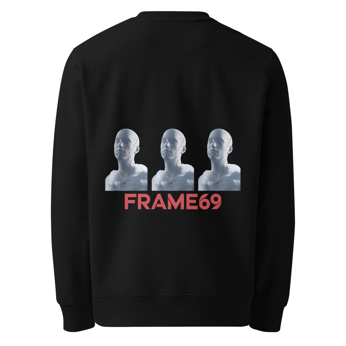 Black figure trio sweatshirt back graphic with three faces and FRAME69 logo
