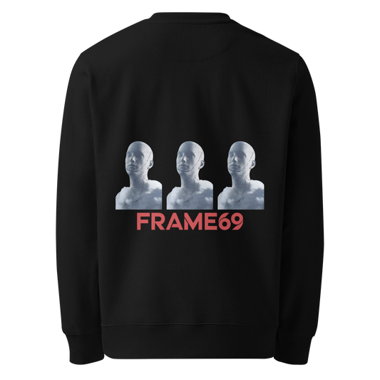 Black figure trio sweatshirt back graphic with three faces and FRAME69 logo