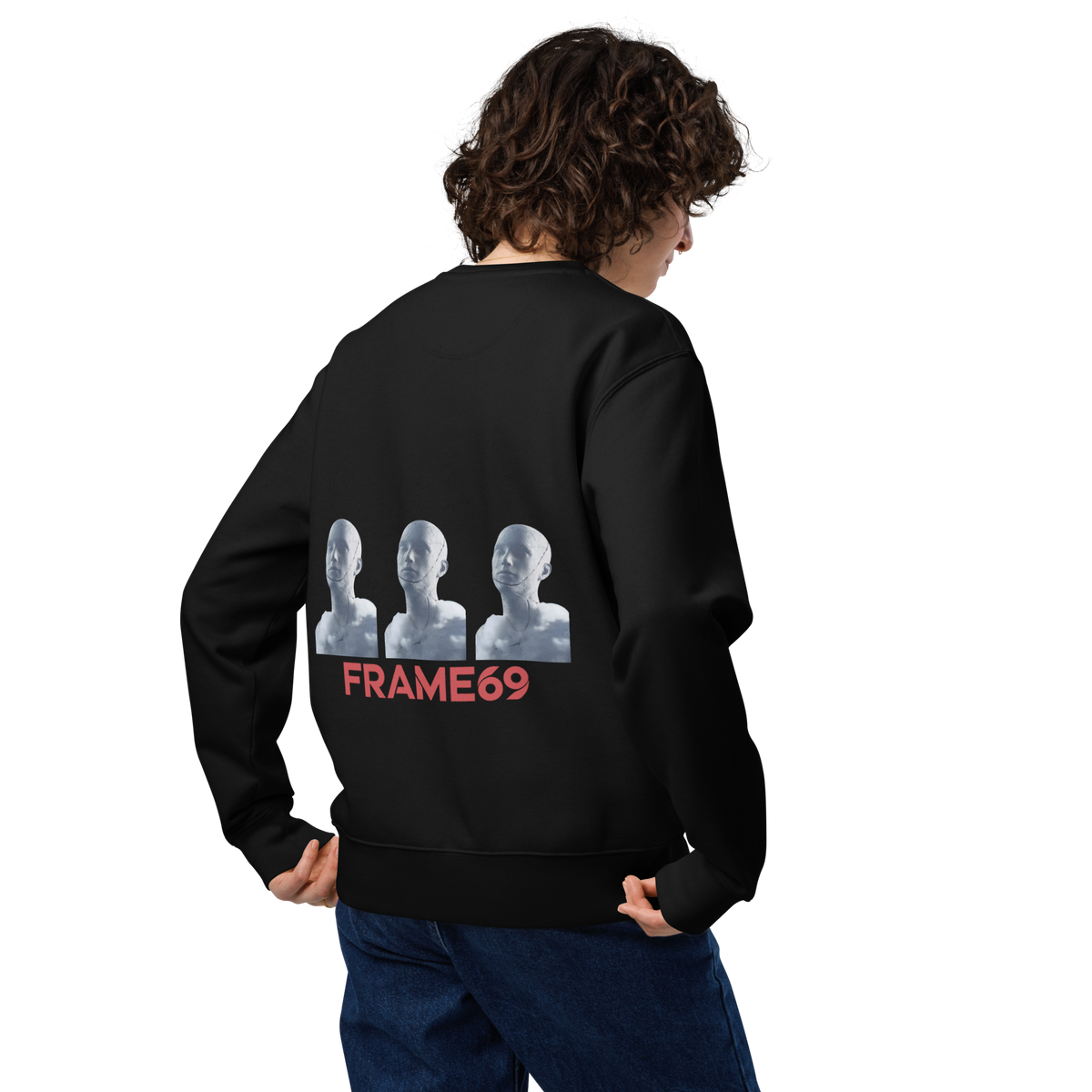 Black figure trio sweatshirt back graphic with three faces and FRAME69 logo
