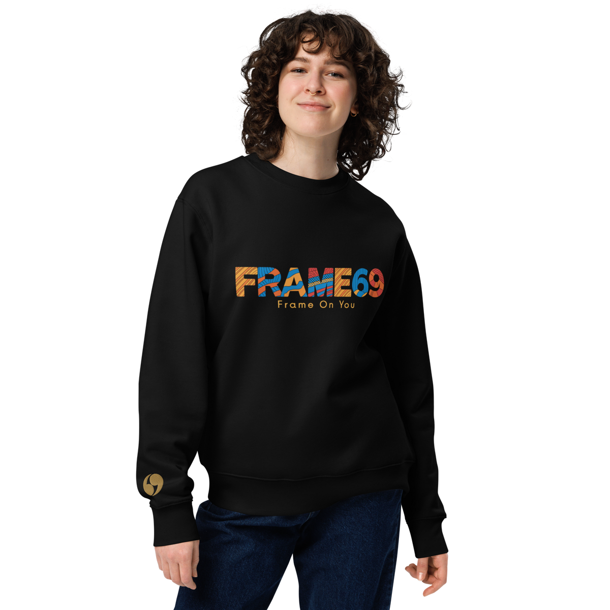 Black crewneck sweatshirt with “FRAME69” graphic and “Frame On You” text, front view