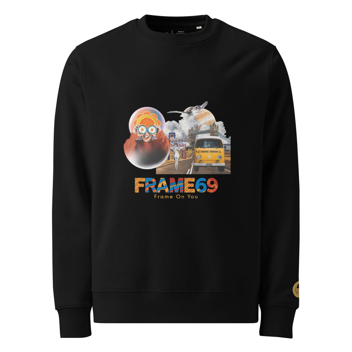 Black crewneck sweatshirt with colorful front graphic