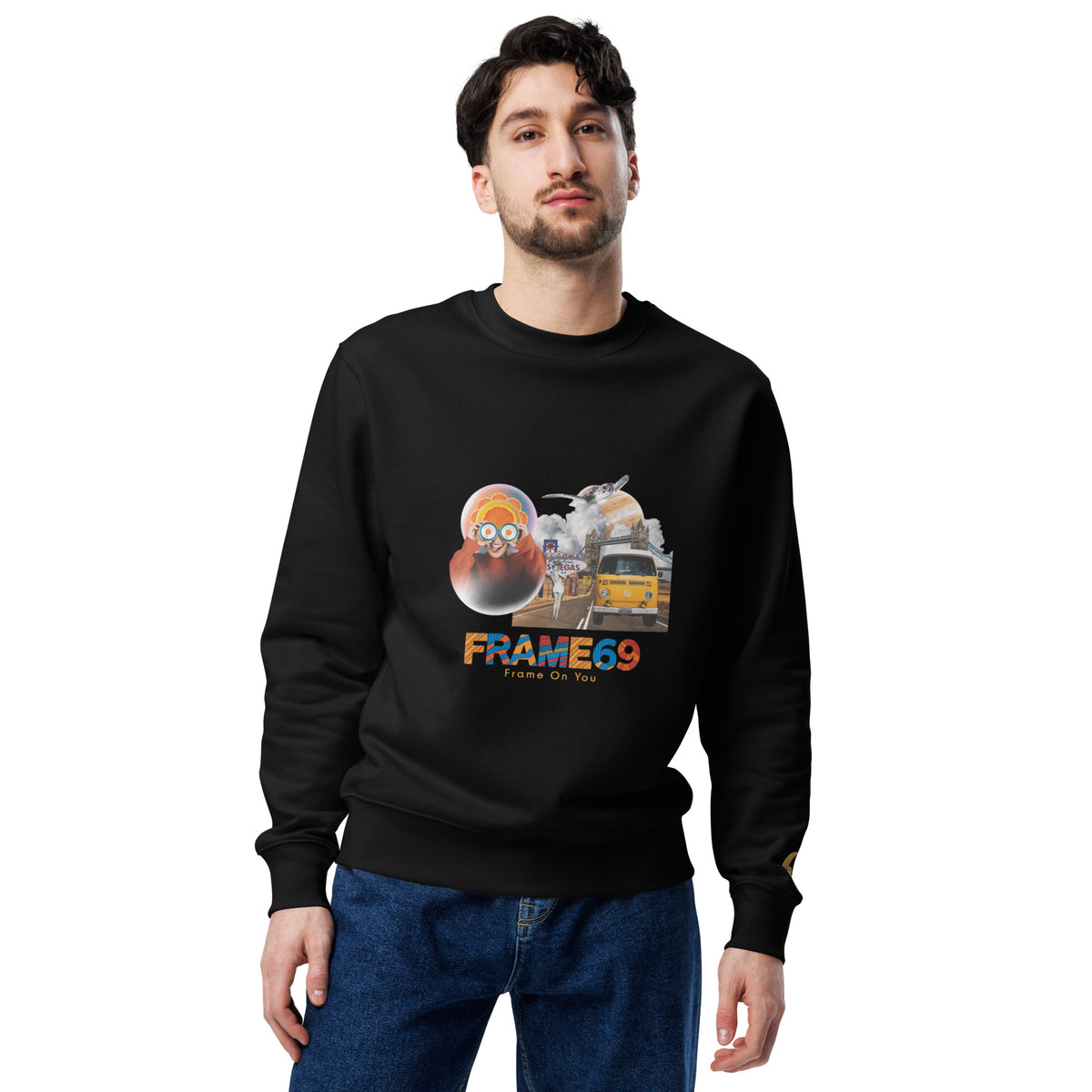 Black crewneck sweatshirt with colorful front graphic, worn on model