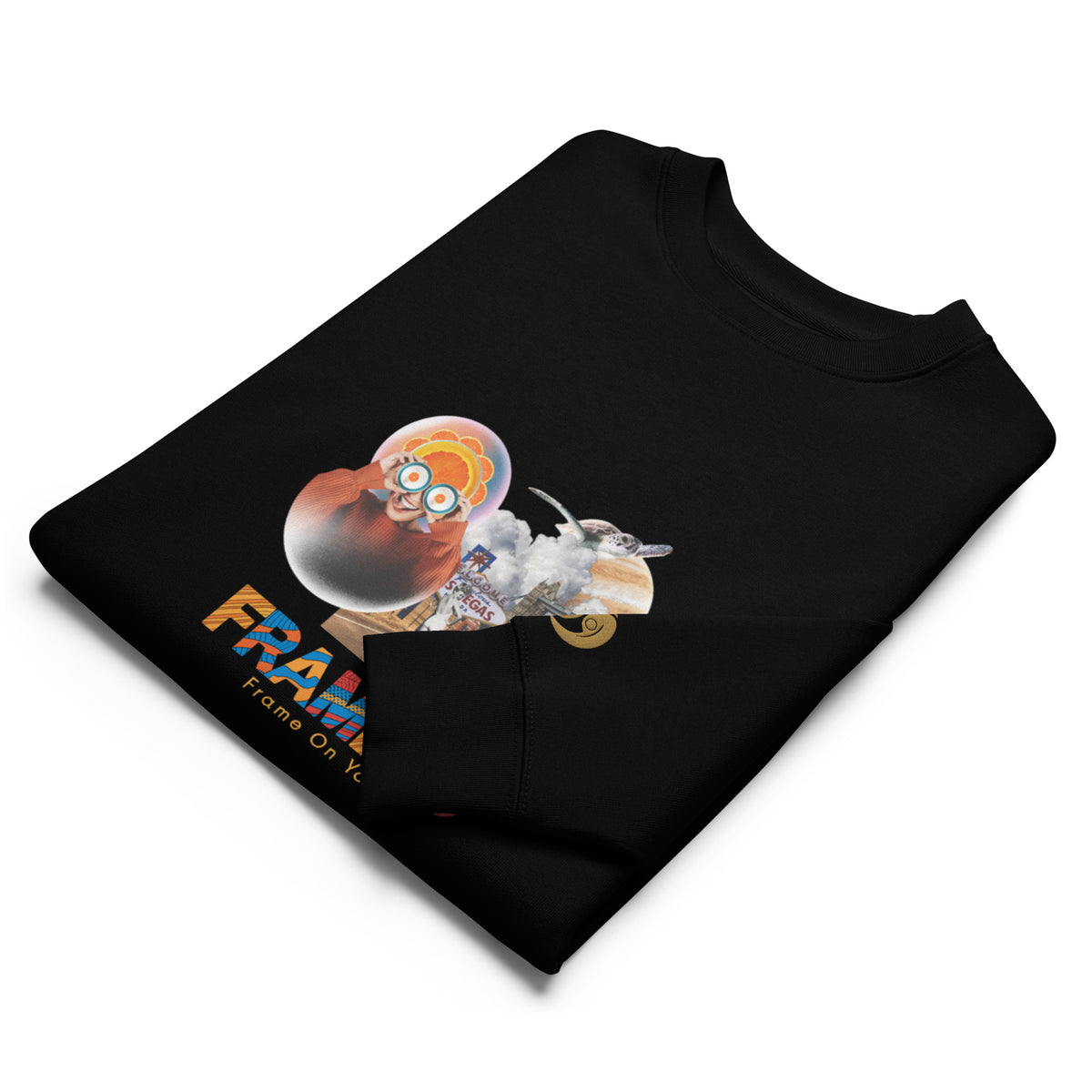 Pure Form crewneck sweatshirt, black with colorful front character graphic