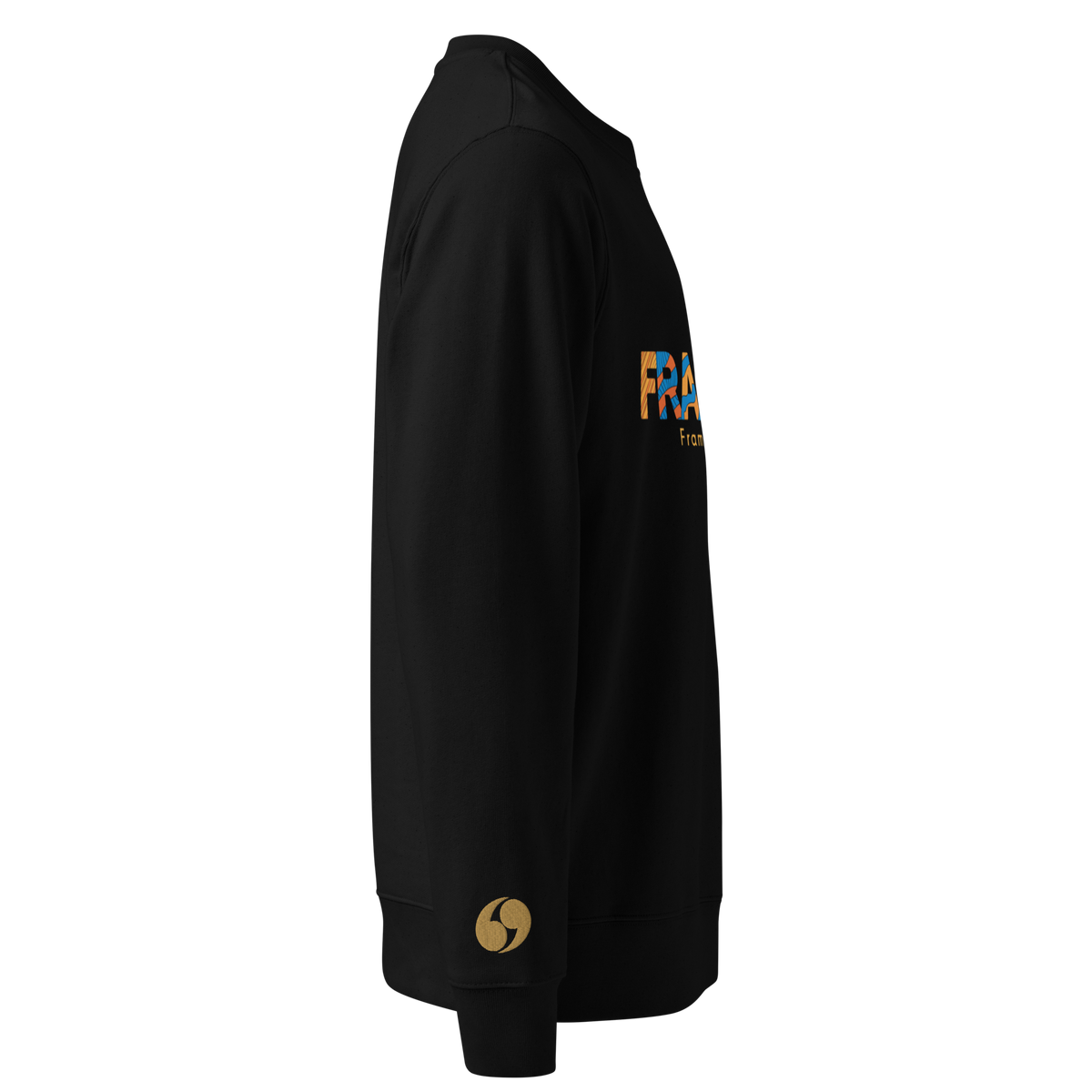 Black crewneck sweatshirt, side view with small gold emblem on sleeve cuff