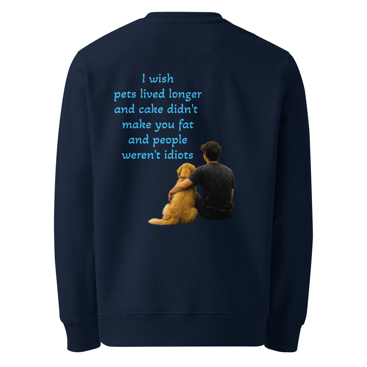 French navy structured cotton sweatshirt, back graphic quote with dog and cake theme