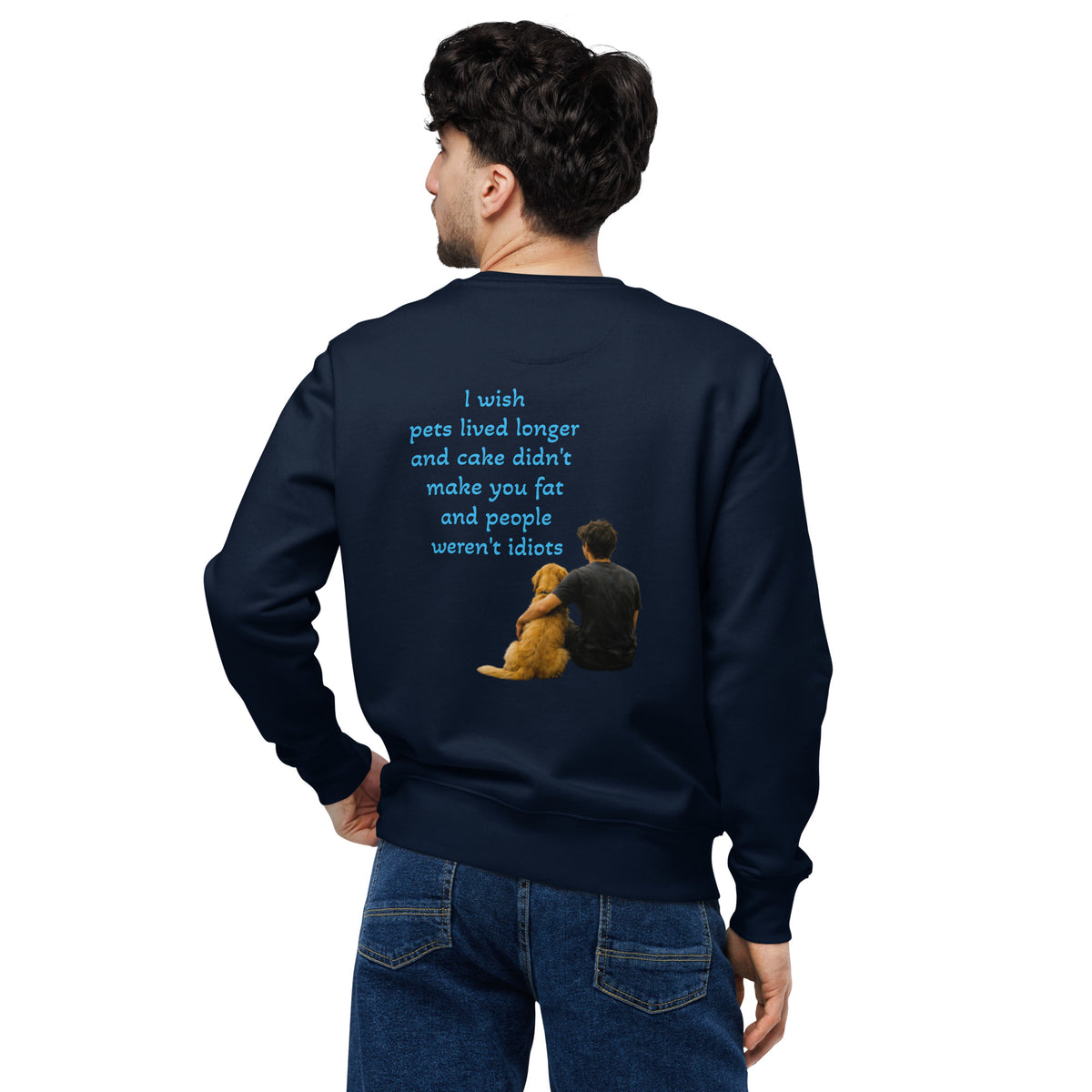 French navy cotton sweatshirt, back graphic print with quote and teddy bear