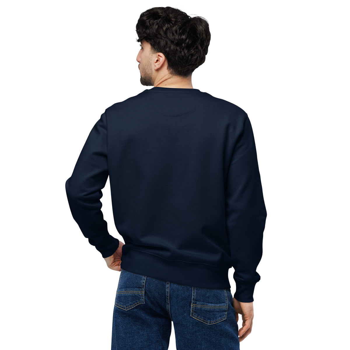 French navy crewneck sweatshirt, back view