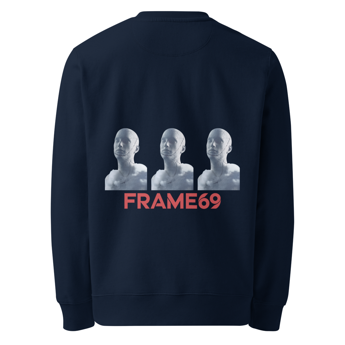 French navy figure trio sweatshirt back graphic with three faces and FRAME69 logo