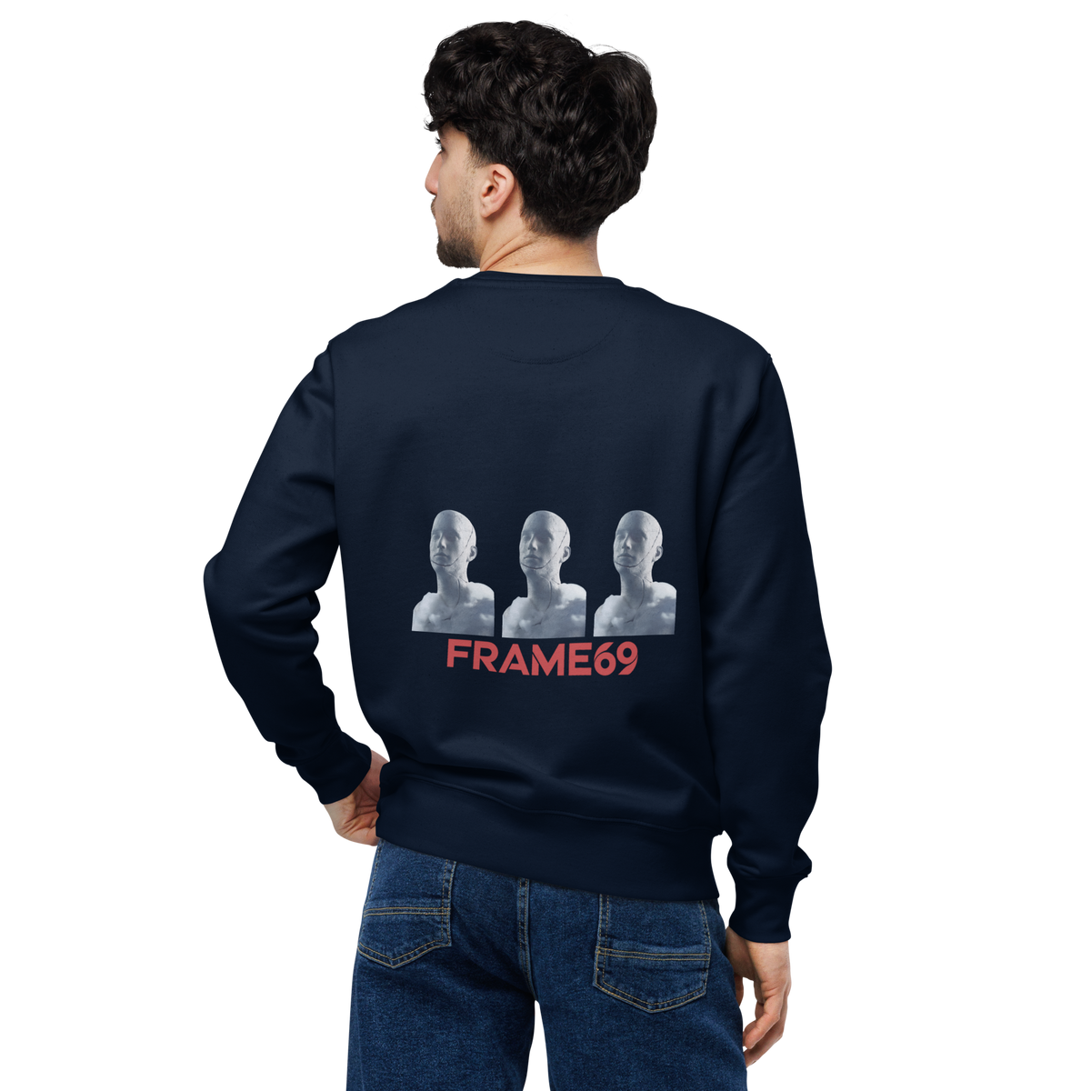 French navy figure trio sweatshirt back graphic with three faces and FRAME69 logo