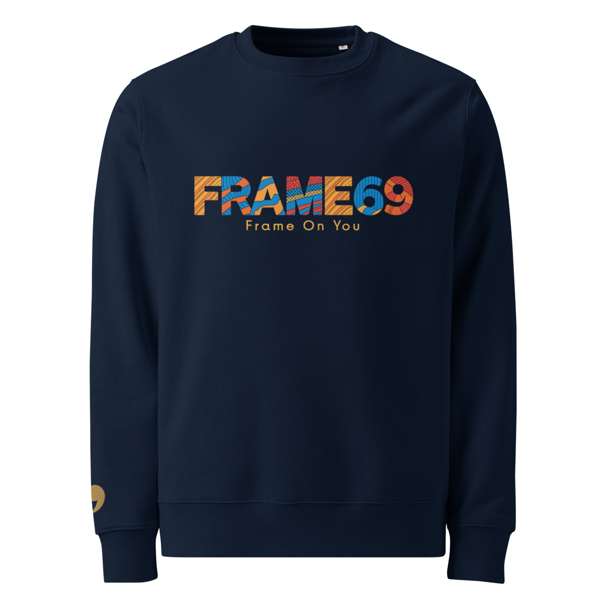 French navy crewneck sweatshirt with colorful 'FRAME69' logo on chest