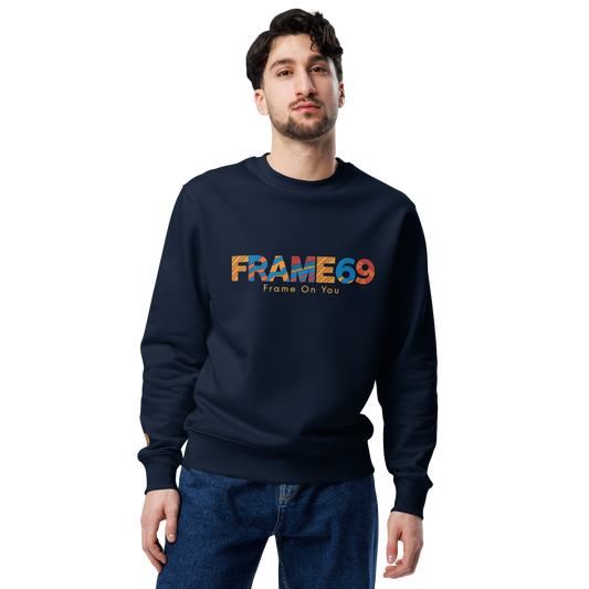 Eco sweatshirt, navy blue crewneck with colorful 'FRAME69' graphic on chest