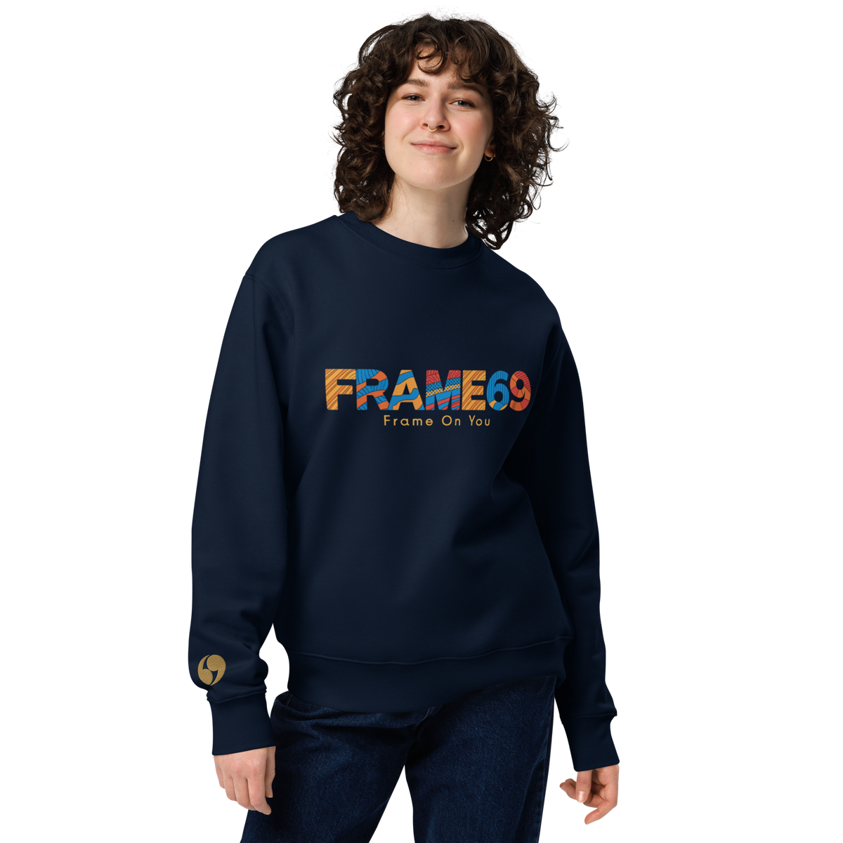 Navy crewneck sweatshirt with “FRAME69” graphic and “Frame On You” text, front view