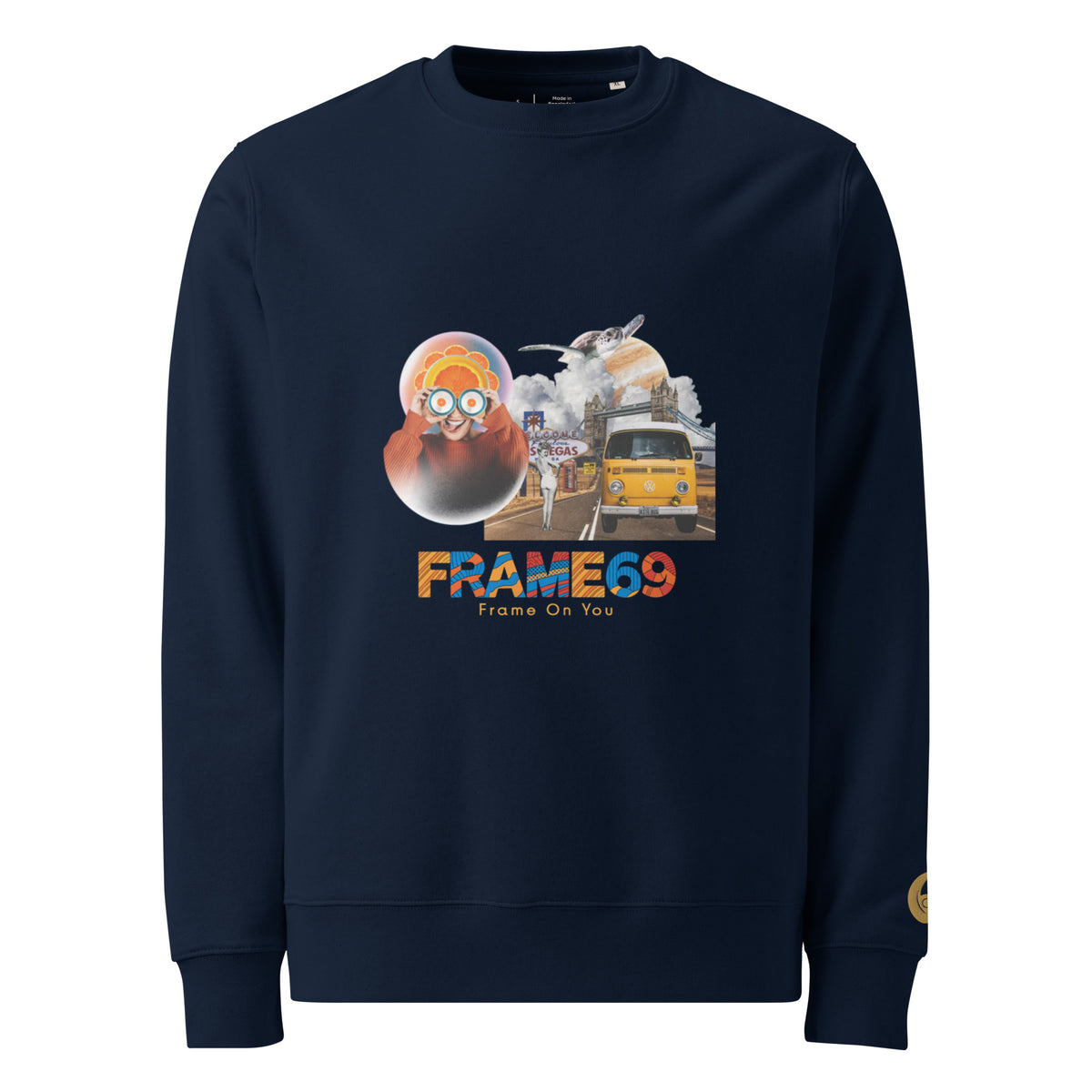 French navy crewneck sweatshirt with colorful front graphic