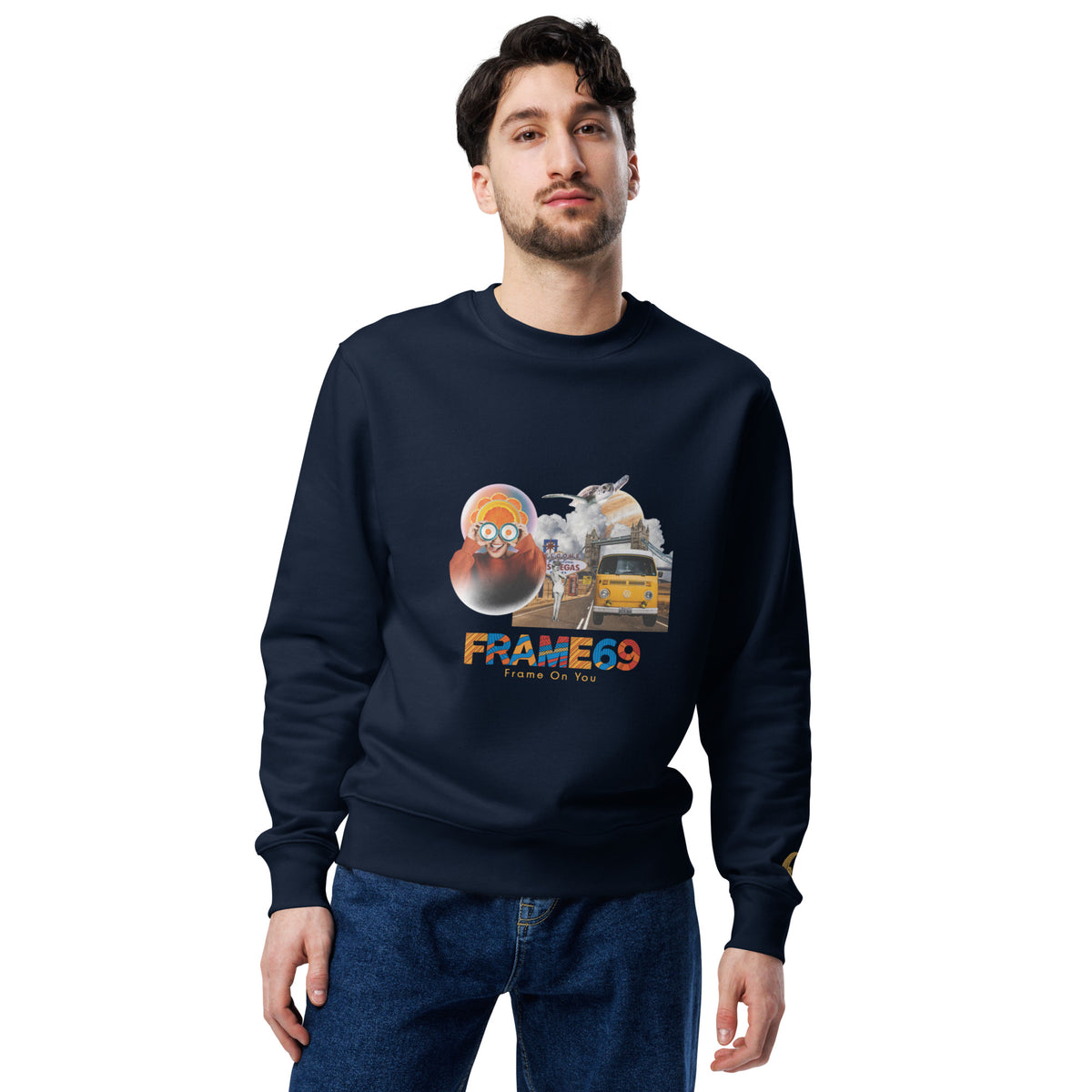 French navy crewneck sweatshirt with colorful front graphic, worn on model