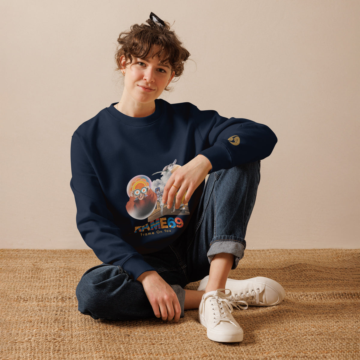 Crewneck sweatshirt on model, French navy long sleeves with front character graphic
