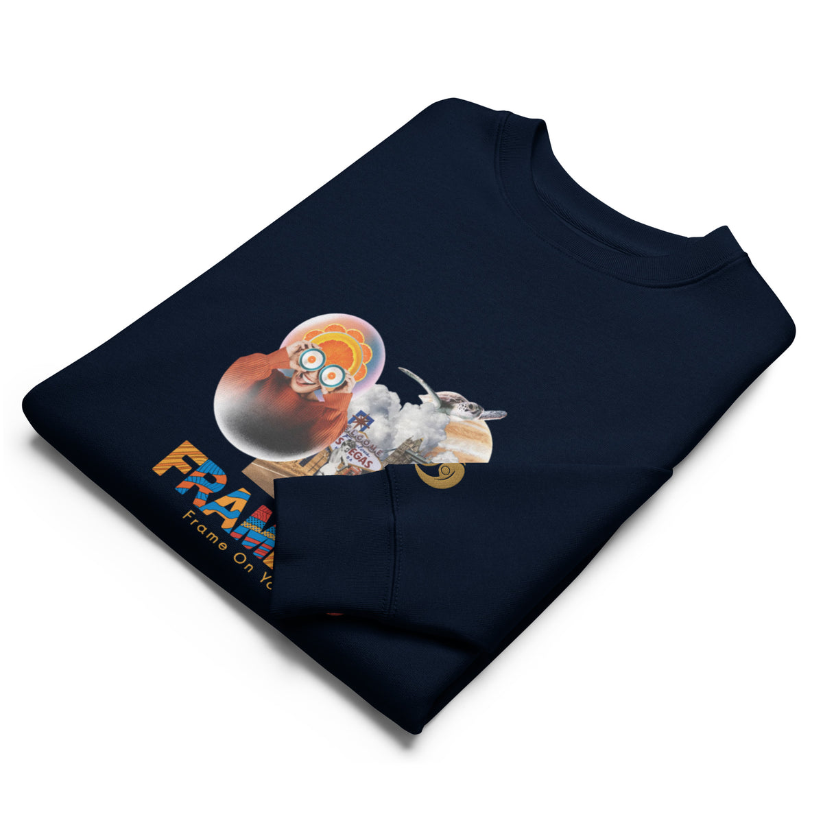 Pure Form crewneck sweatshirt, French navy with colorful front character graphic