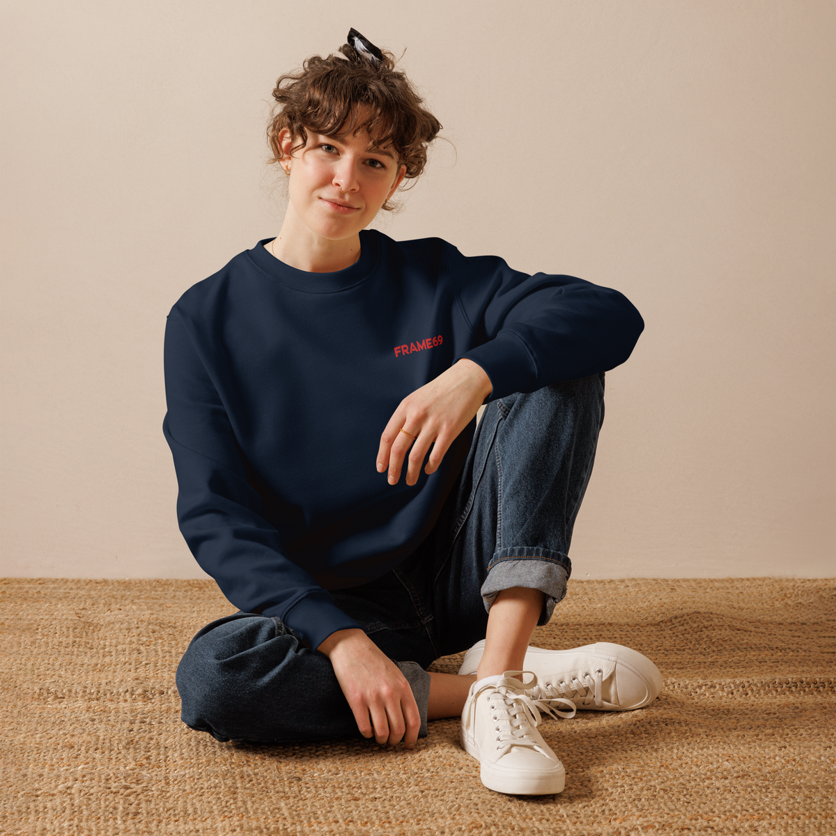 Navy figure trio sweatshirt with small FRAME69 logo on chest