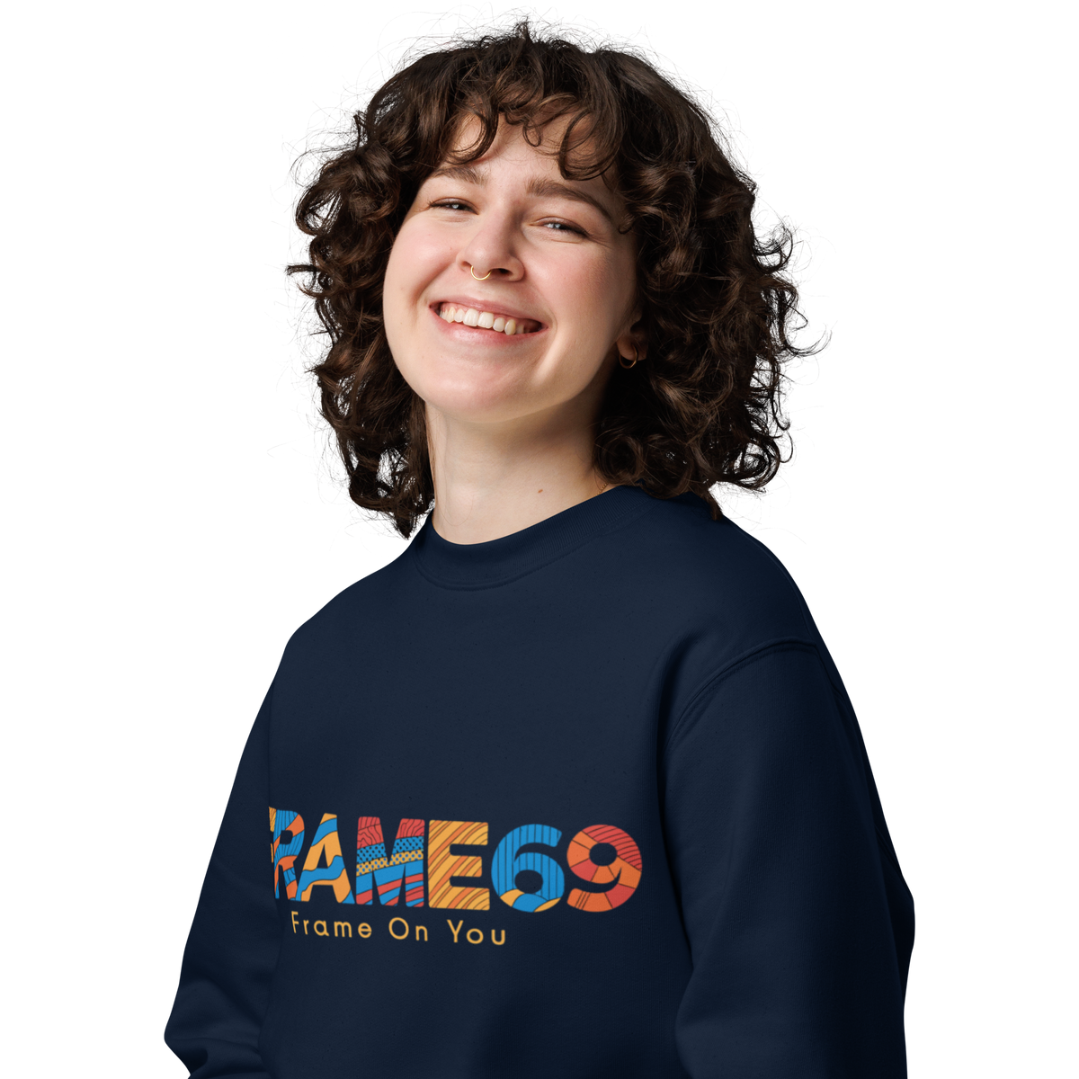Navy crewneck sweatshirt with “FRAME69” graphic and “Frame On You” text, close-up