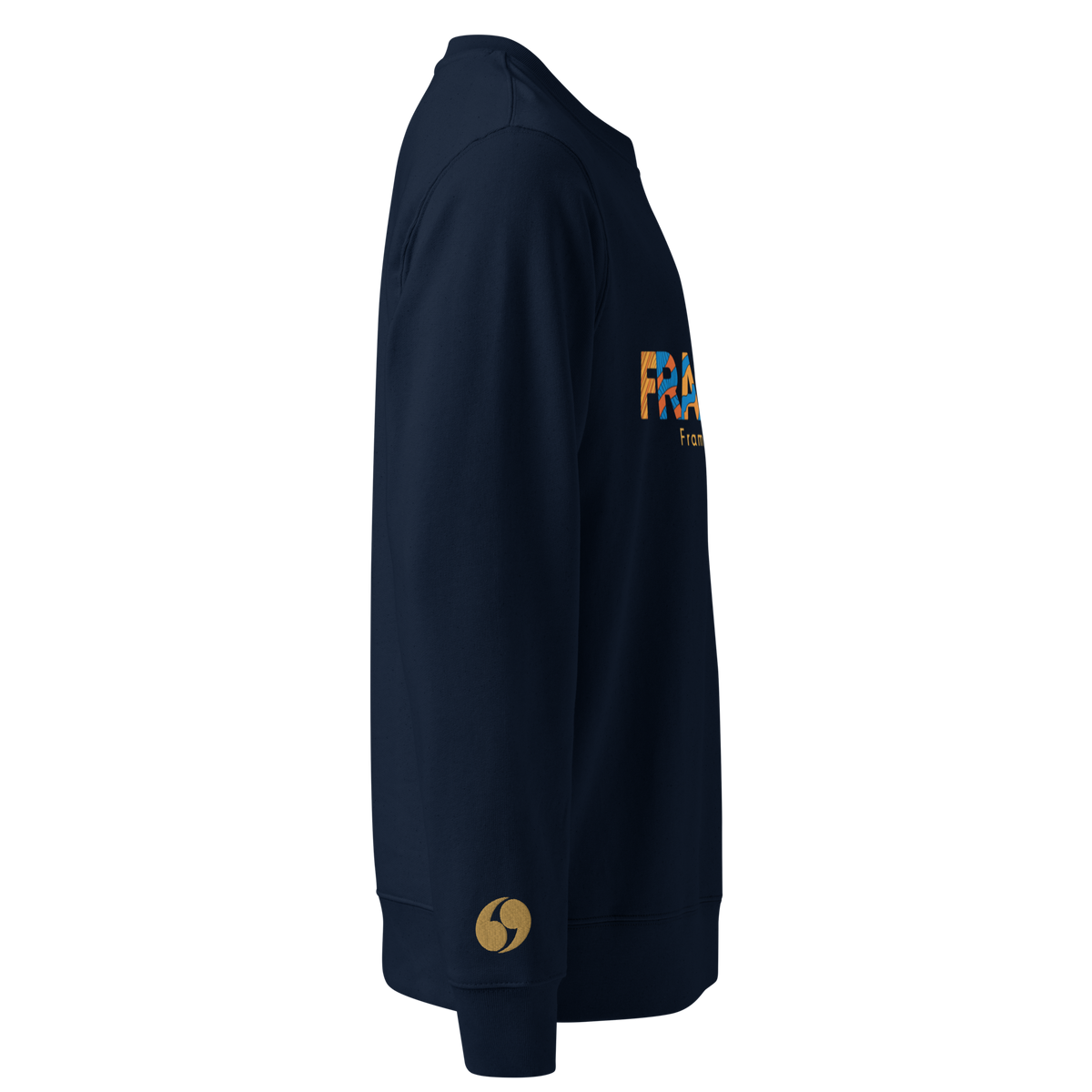 French navy crewneck sweatshirt, side view with small gold emblem on sleeve cuff