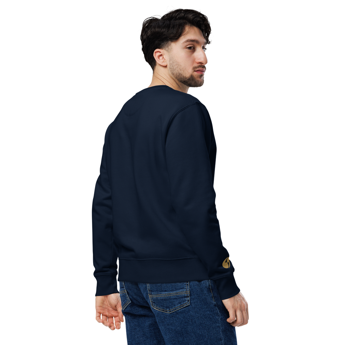 Dark navy crewneck sweatshirt, long sleeves, ribbed cuffs and hem, back view