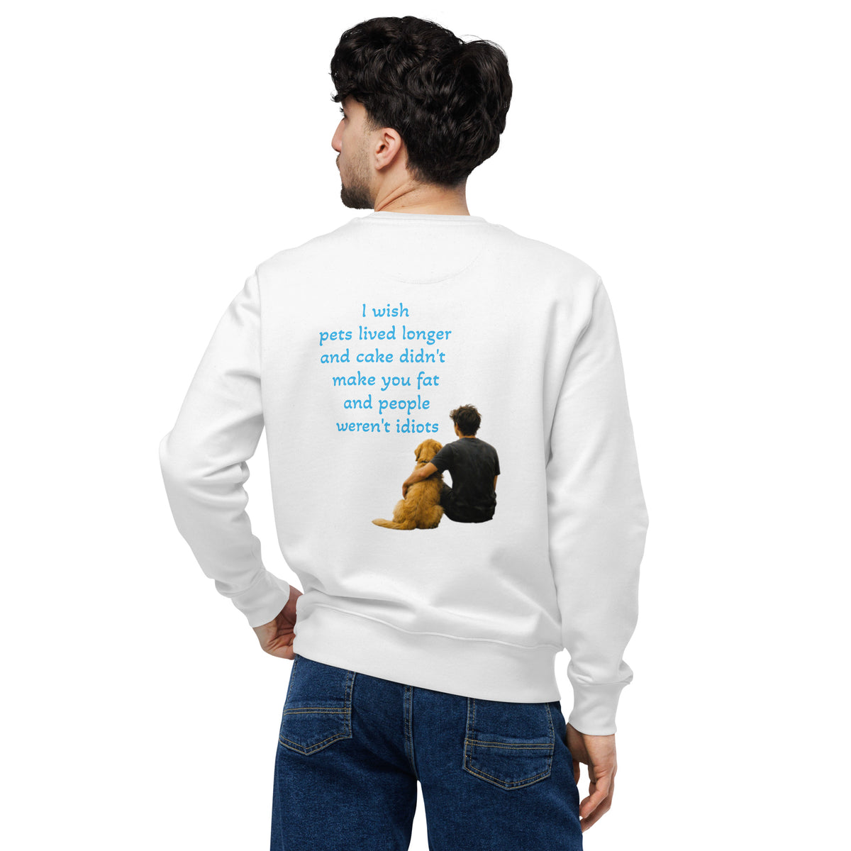White cotton sweatshirt, back graphic print with quote and teddy bear