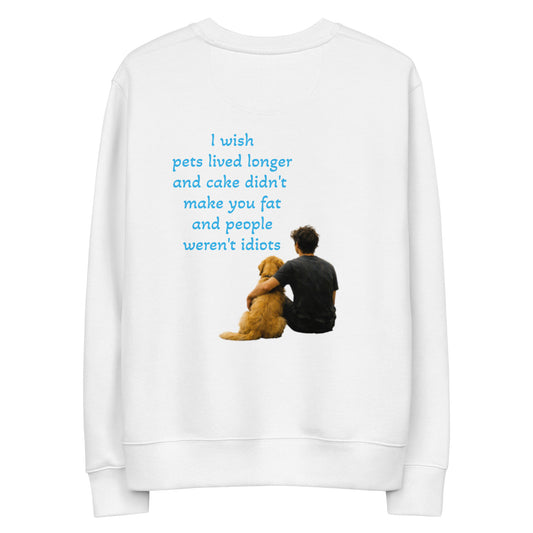 White structured cotton sweatshirt, back graphic quote with dog and cake theme