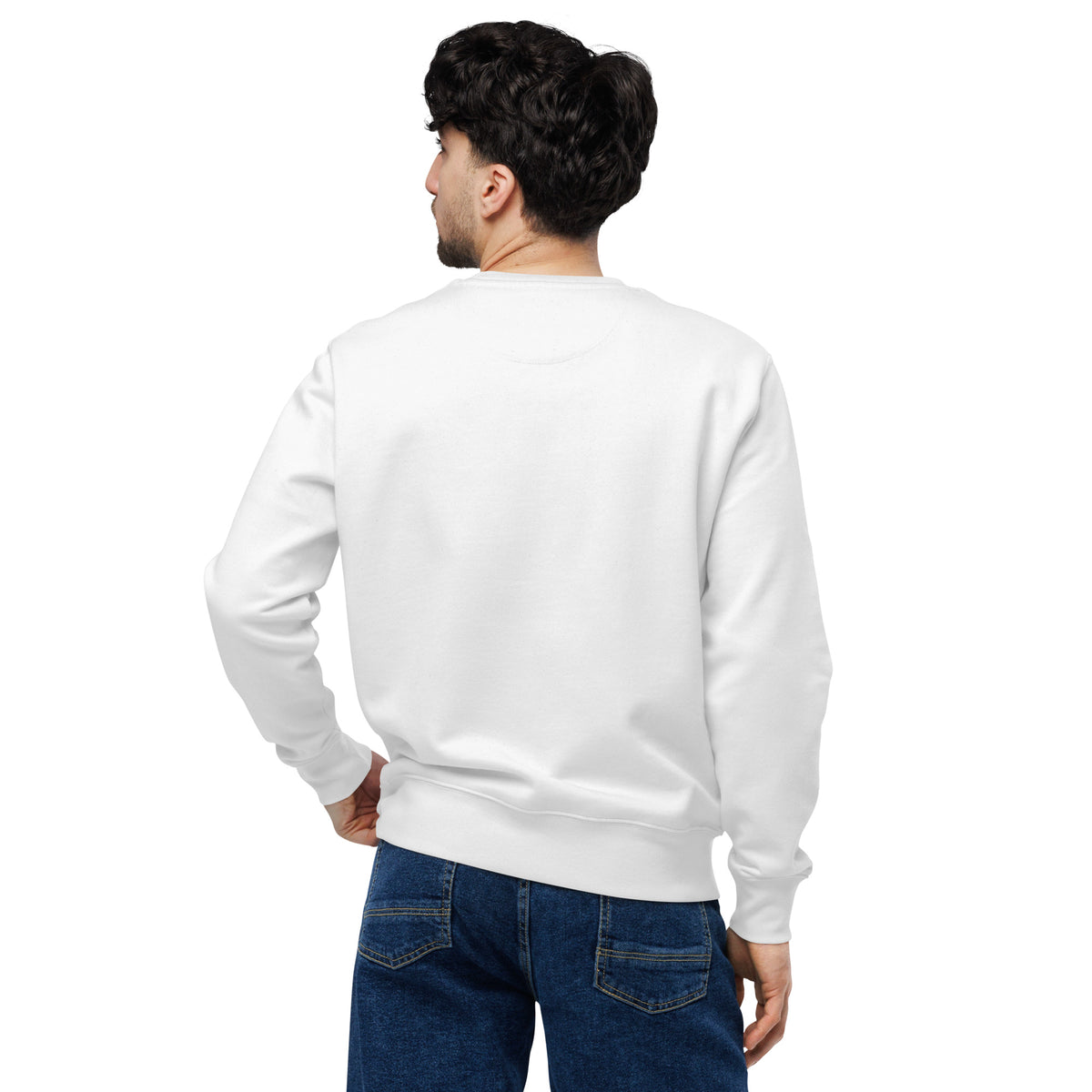 White crewneck sweatshirt, back view