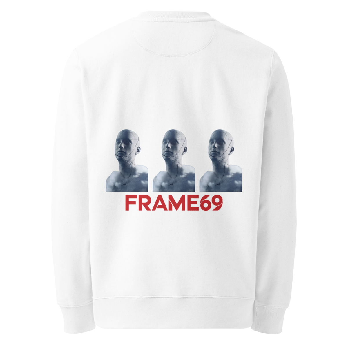 White figure trio sweatshirt back graphic with three faces and FRAME69 logo