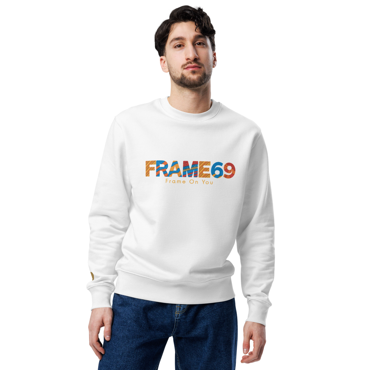 White crewneck sweatshirt with colorful 'FRAME69' logo on chest