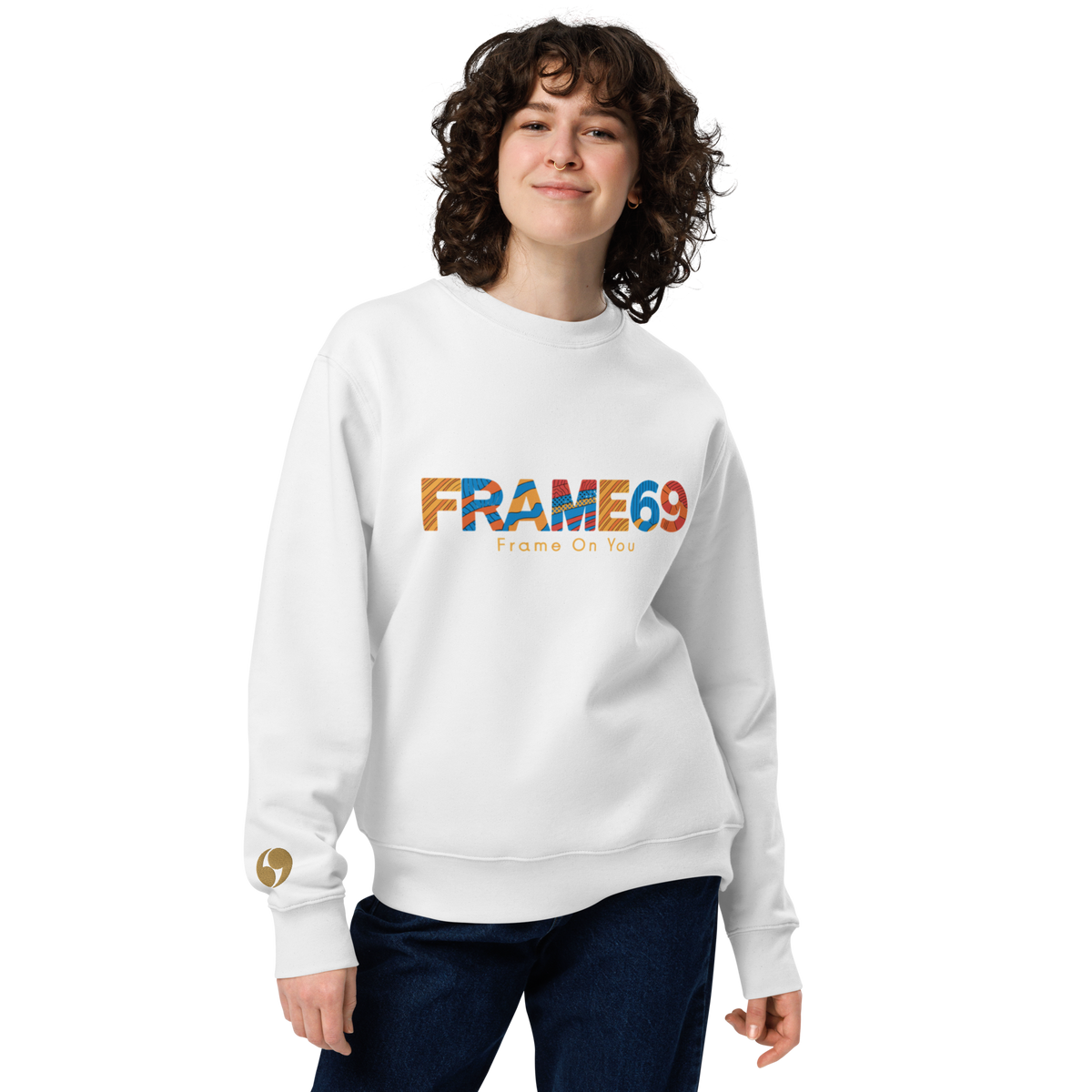 White crewneck sweatshirt with “FRAME69” graphic and “Frame On You” text, front view