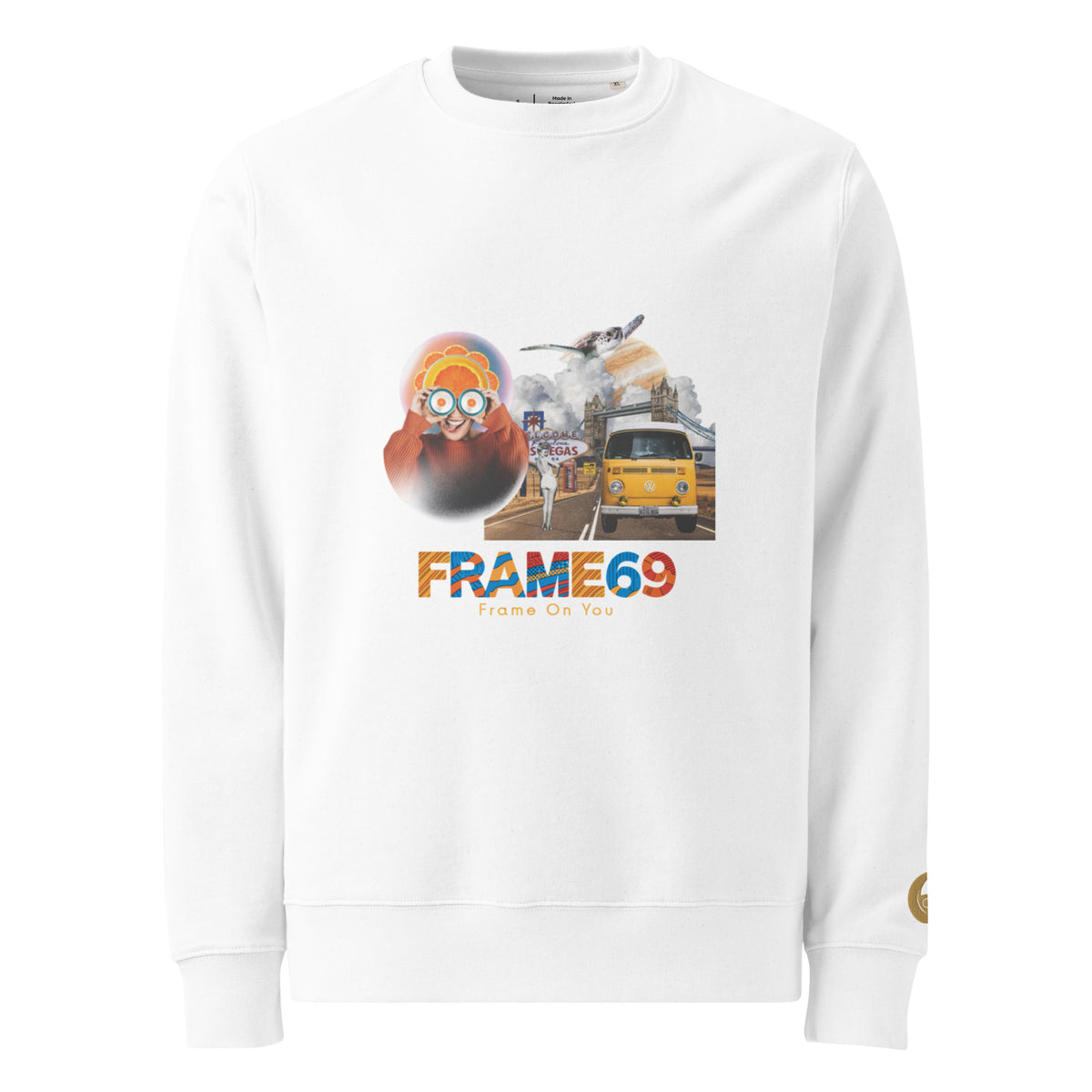 White crewneck sweatshirt with colorful front graphic
