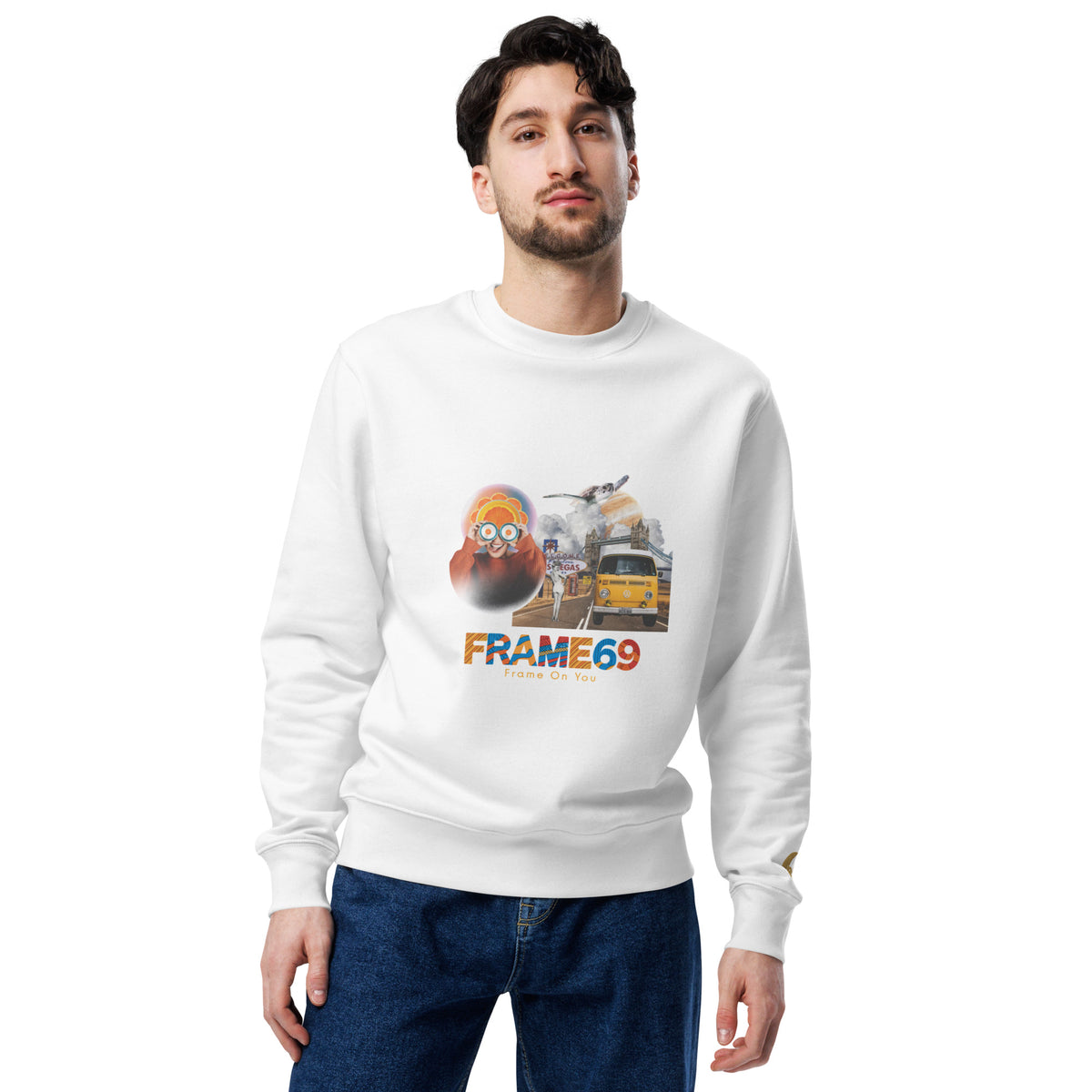 White crewneck sweatshirt with colorful front graphic, worn on model